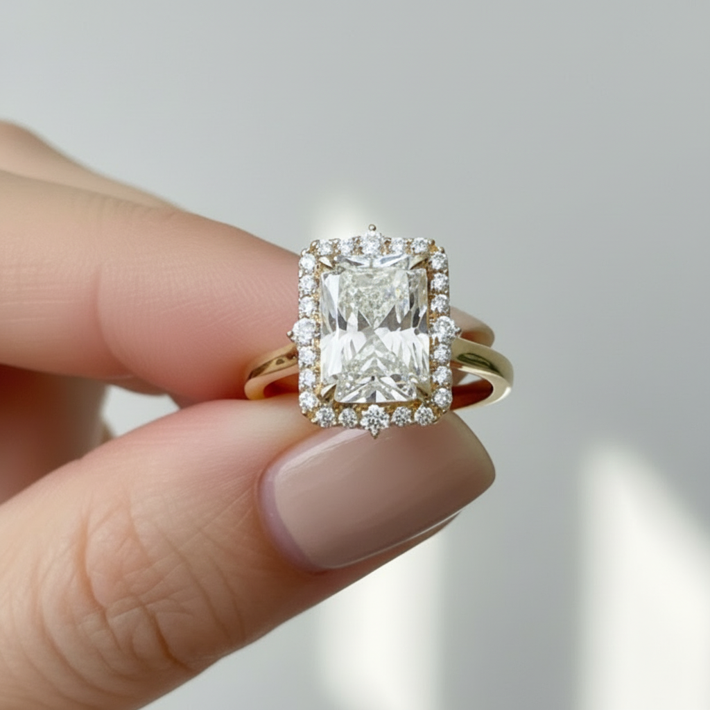 3 Carat Radiant Cut Halo 14K Solid Gold Solitaire Diamond Engagement Ring