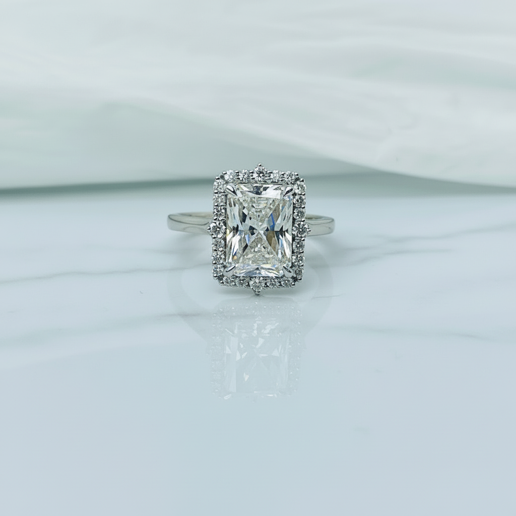 3 Carat Radiant Cut Halo 14K Solid Gold Solitaire Diamond Engagement Ring