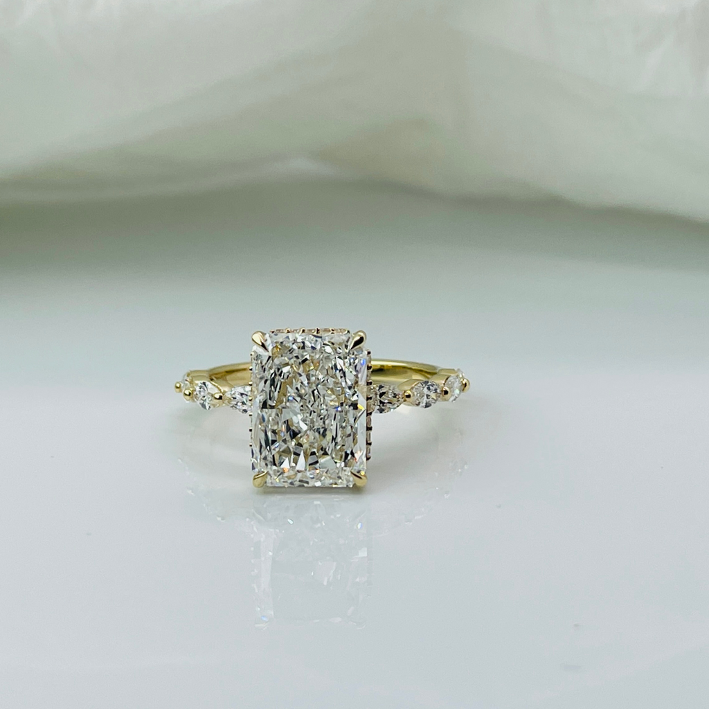 Elegant Radiant Cut Hidden Halo Marquies Band 14K Solid Gold Diamond Engagement Ring 2 to 4 Carat