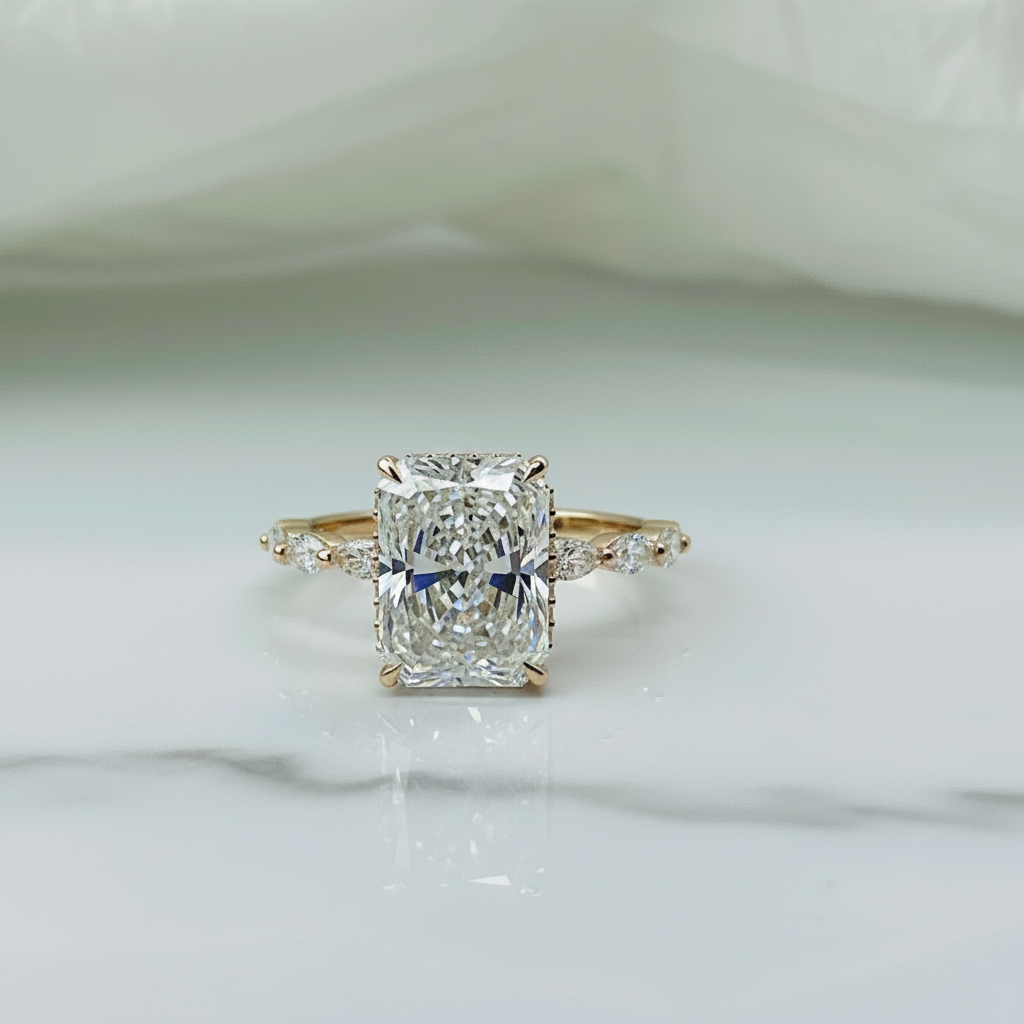 Elegant Radiant Cut Hidden Halo Marquies Band 14K Solid Gold Diamond Engagement Ring 2 to 4 Carat