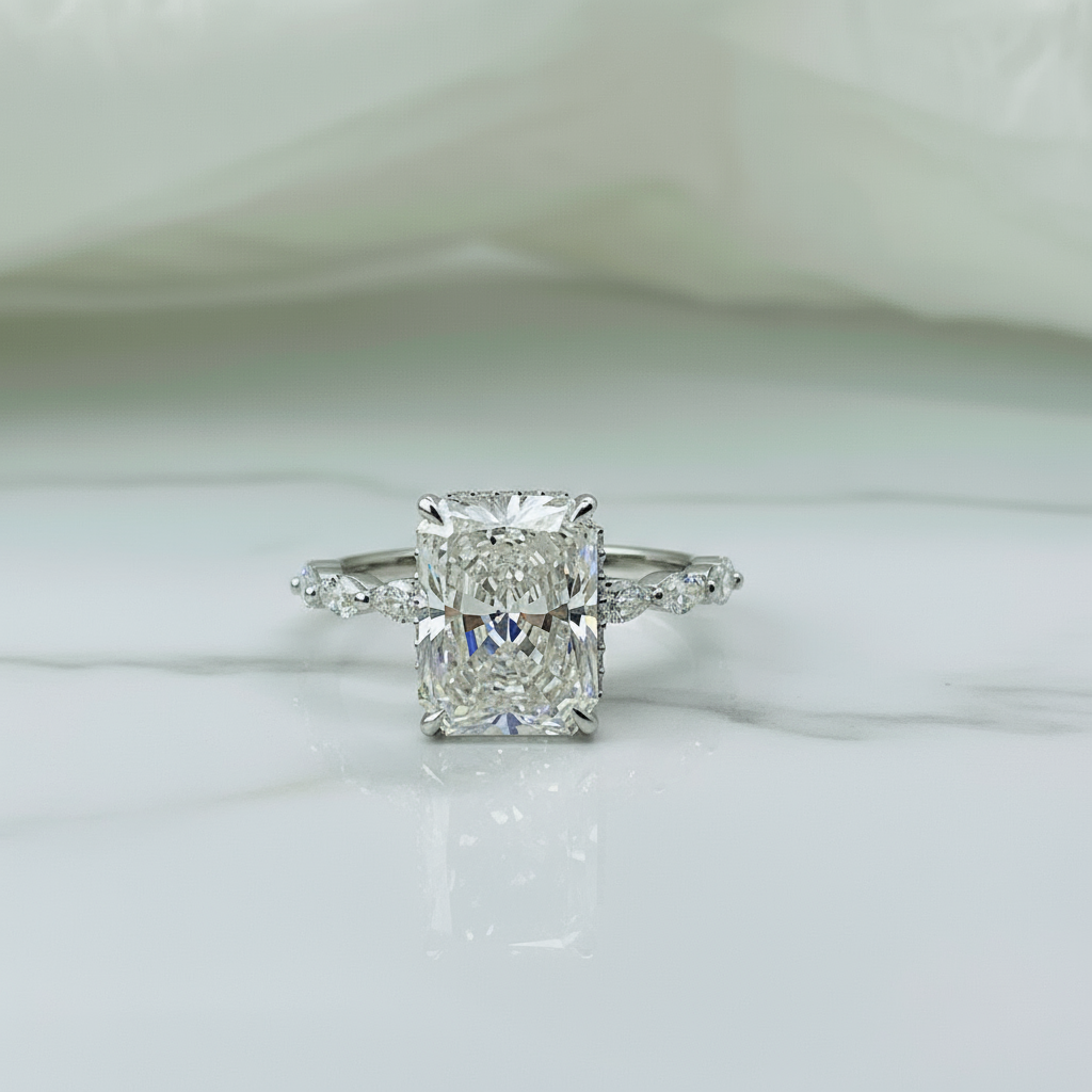 Elegant Radiant Cut Hidden Halo Marquies Band 14K Solid Gold Diamond Engagement Ring 2 to 4 Carat