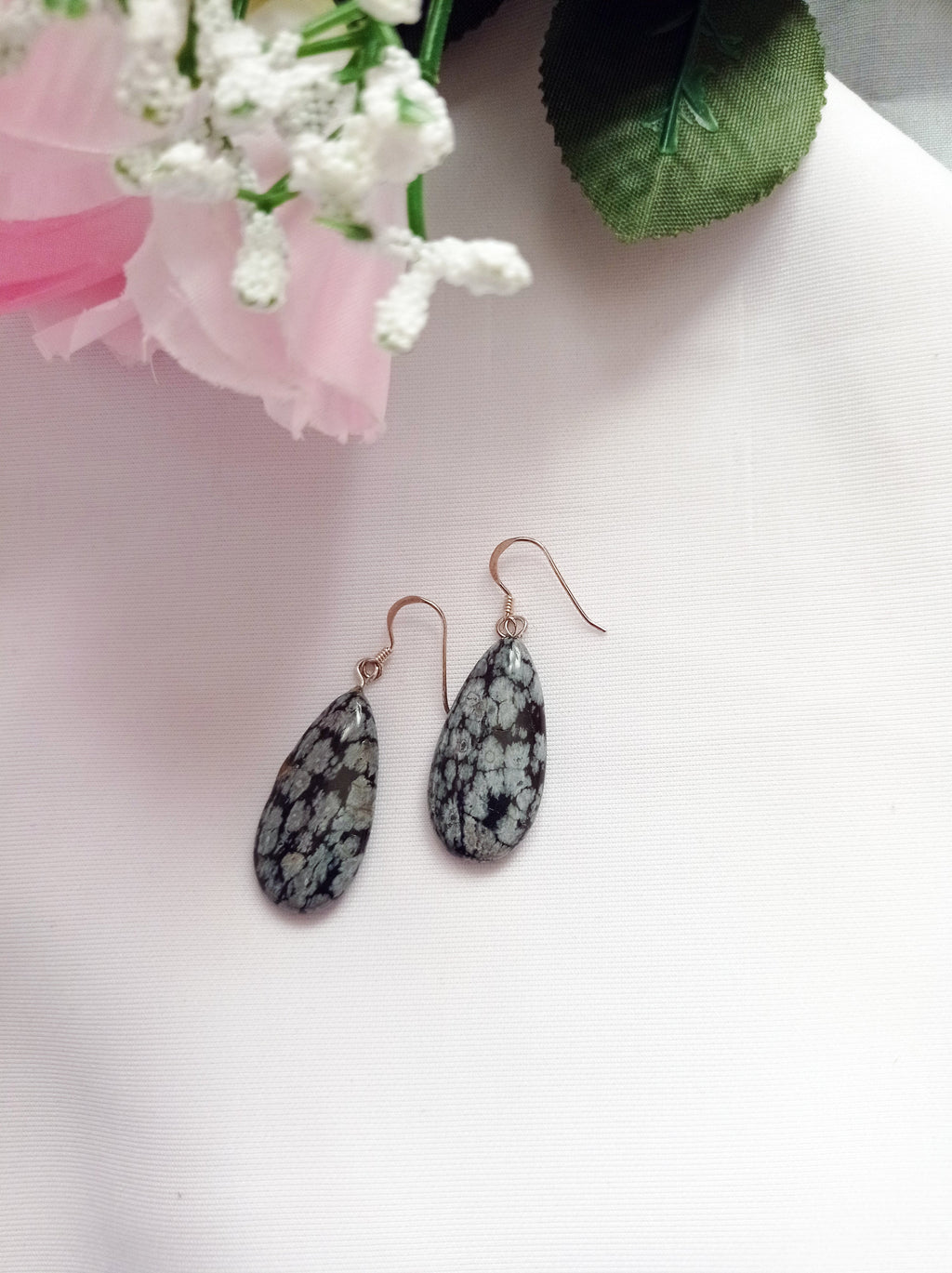 Snowflake Obsidian Earrings, Teardrop Sterling Silver Earrings, Gemstone Earrings | by nlanlaVictory