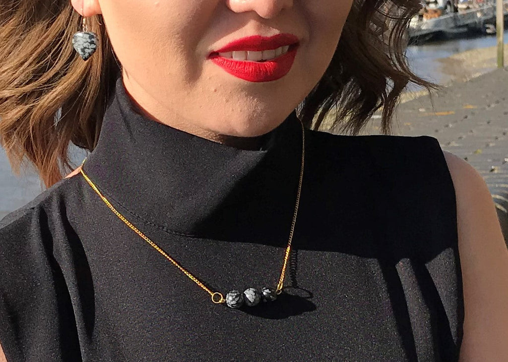 Snowflake Obsidian Yellow Gold Vermeil Necklace, Snowflake Obsidian Bar Necklace, Gemstone Bar Necklace, Pendant Necklace | by nlanlaVictory