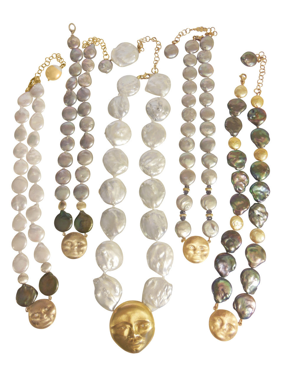 18K Gold Face, Diamond Eyes, Huge coin pearl necklace.  Someone to Watch Over Me-Sun/ Moon Collection