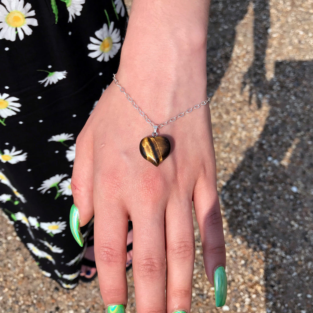Tiger Eye Bracelet, Sterling Silver Heart Bracelet, Heart Charm Bracelet | by nlanlaVictory