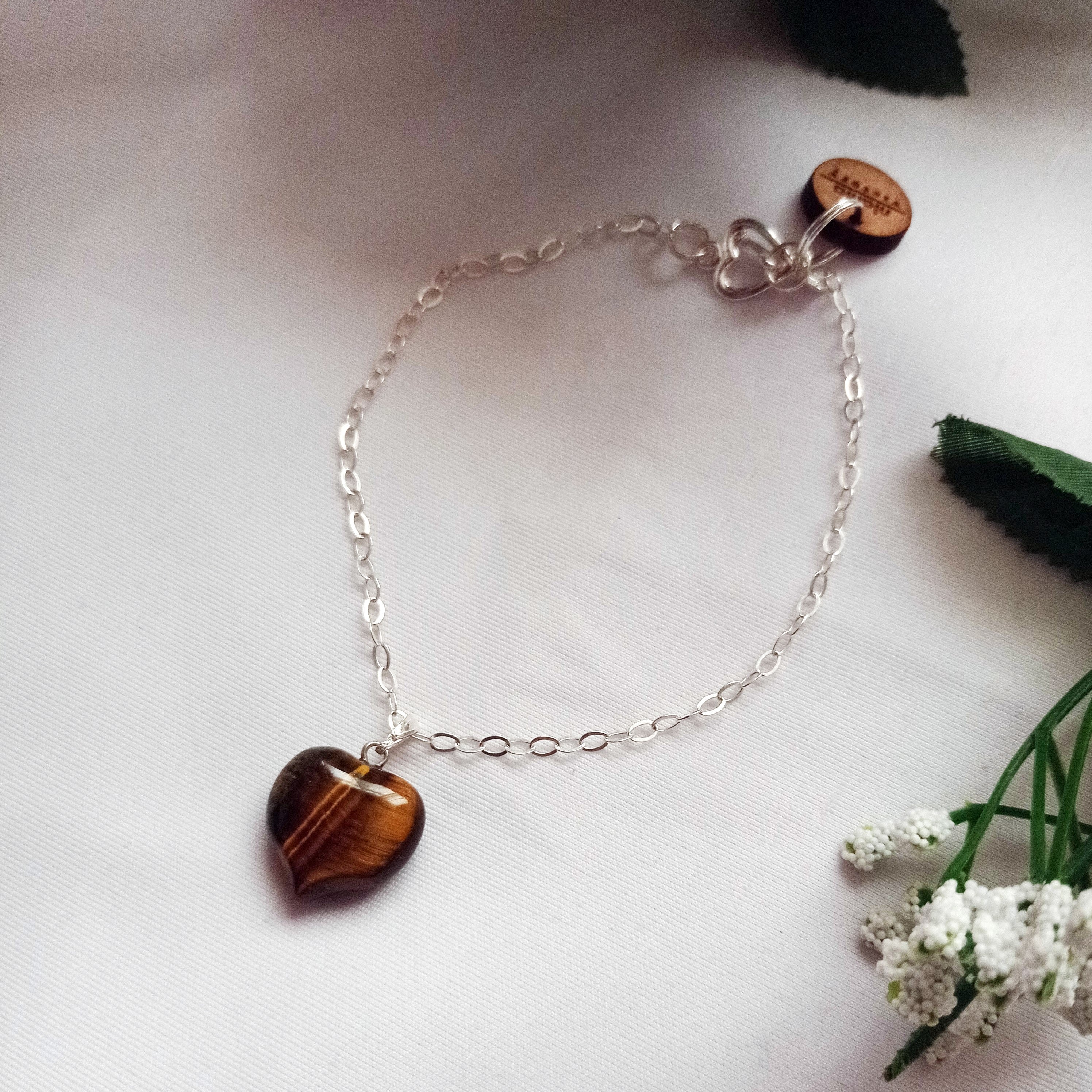 Tiger Eye Bracelet, Sterling Silver Heart Bracelet, Heart Charm Bracelet | by nlanlaVictory