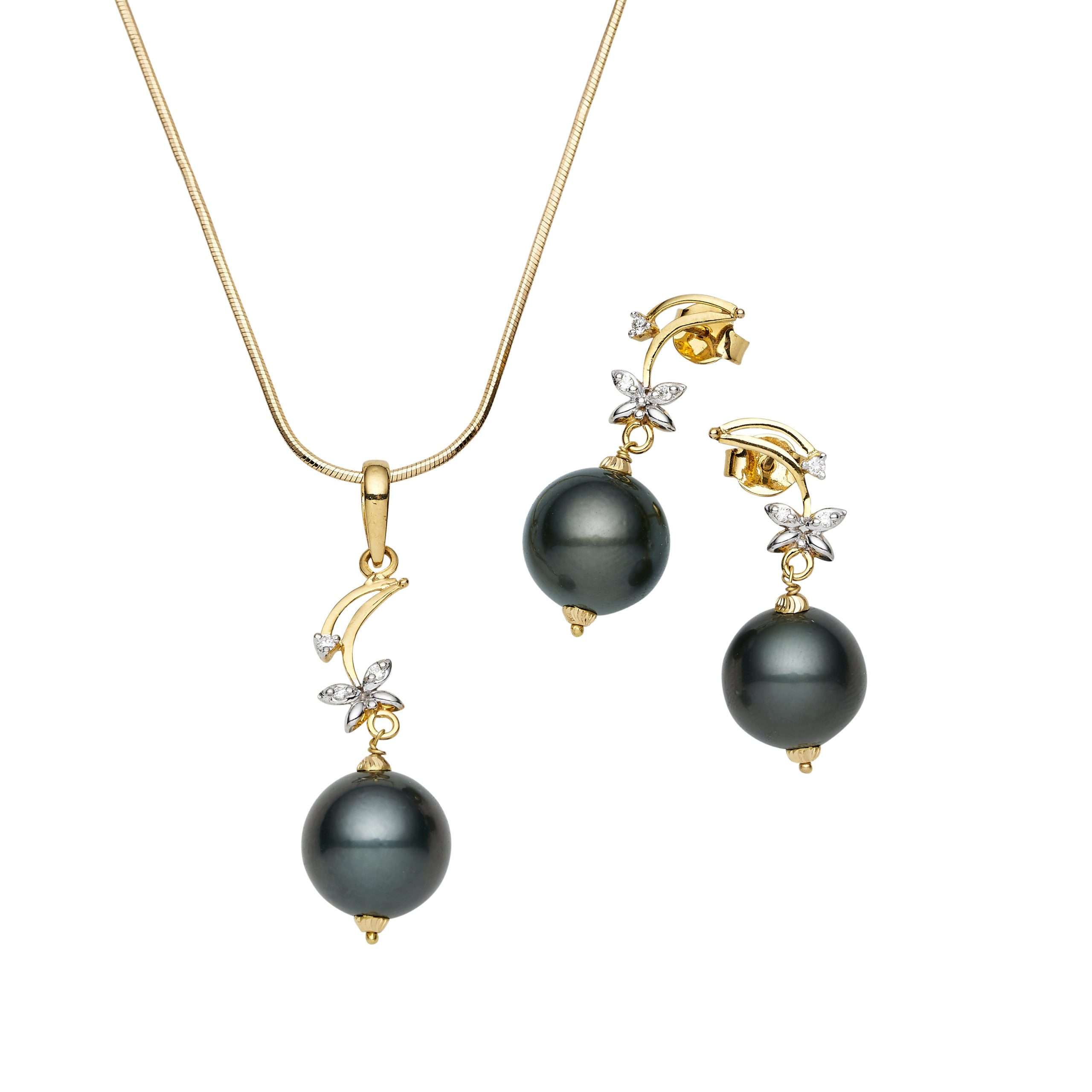 Tahitian South Sea Black Pearls Koala Diamond Set in 14ct Gold Set 12-14 mm AAA