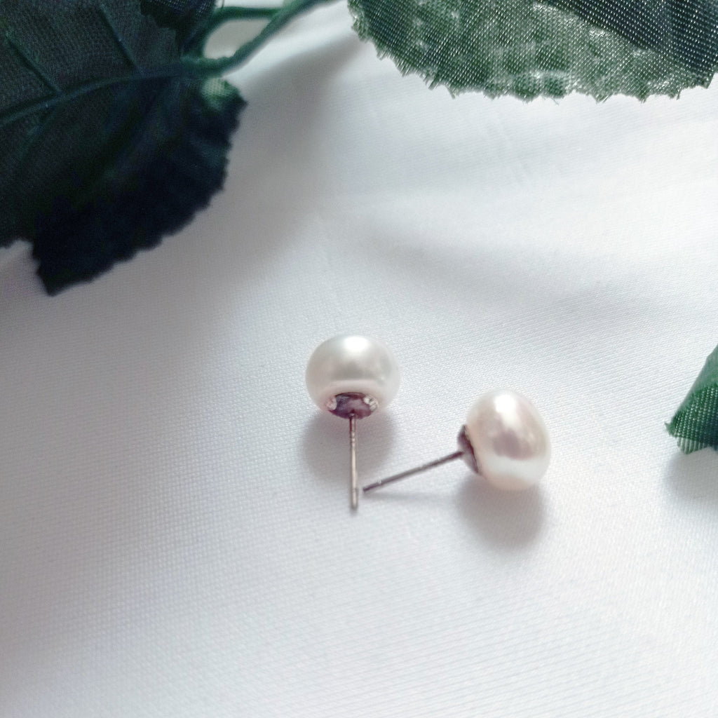 White Freshwater Pearl Stud Earrings on Sterling Silver or 9k Yellow Gold, Sterling silver earrings, Bridal jewelry | by nlanlaVictory