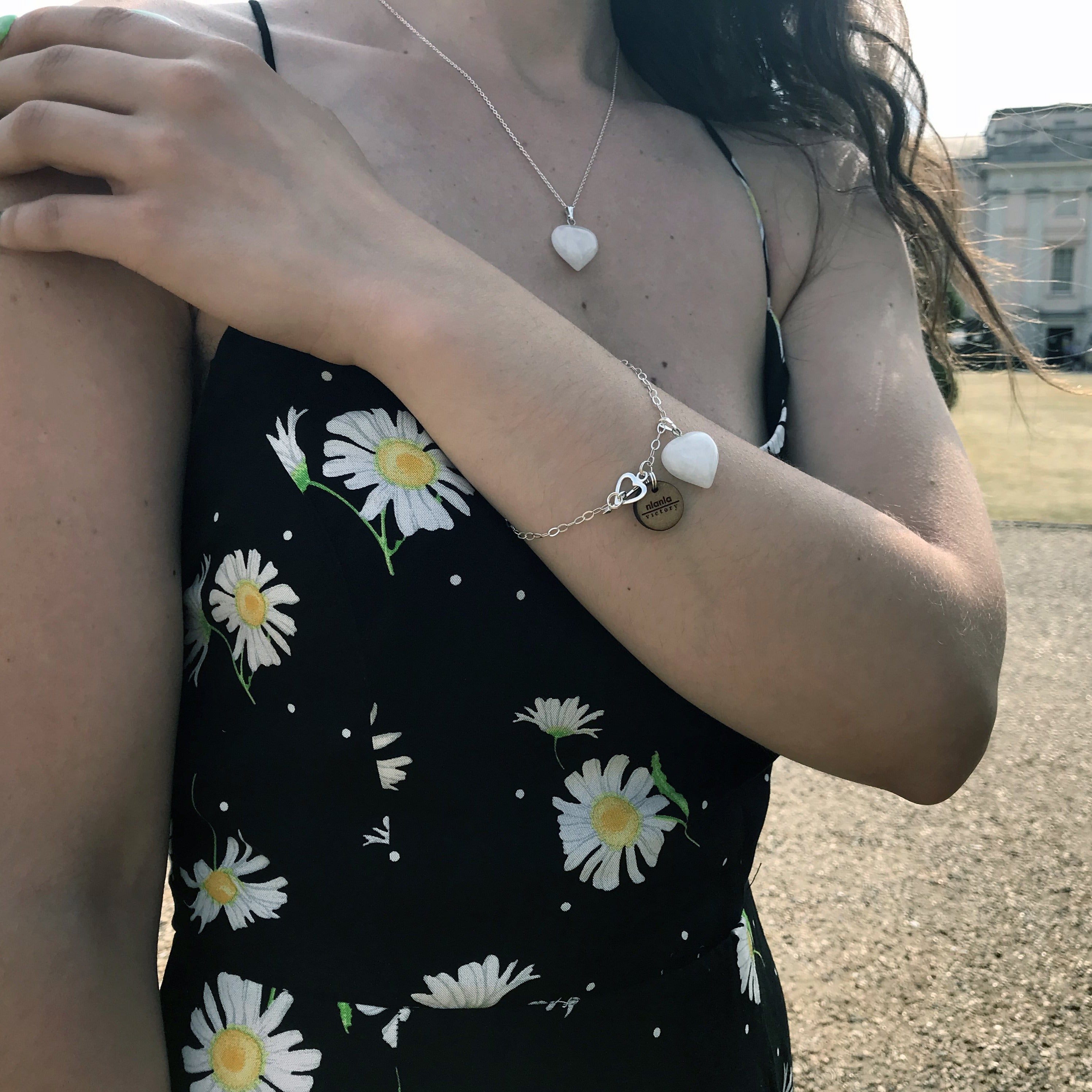White Quartz Bracelet, Sterling Silver Heart Bracelet, Heart Charm Bracelet | by nlanlaVictory