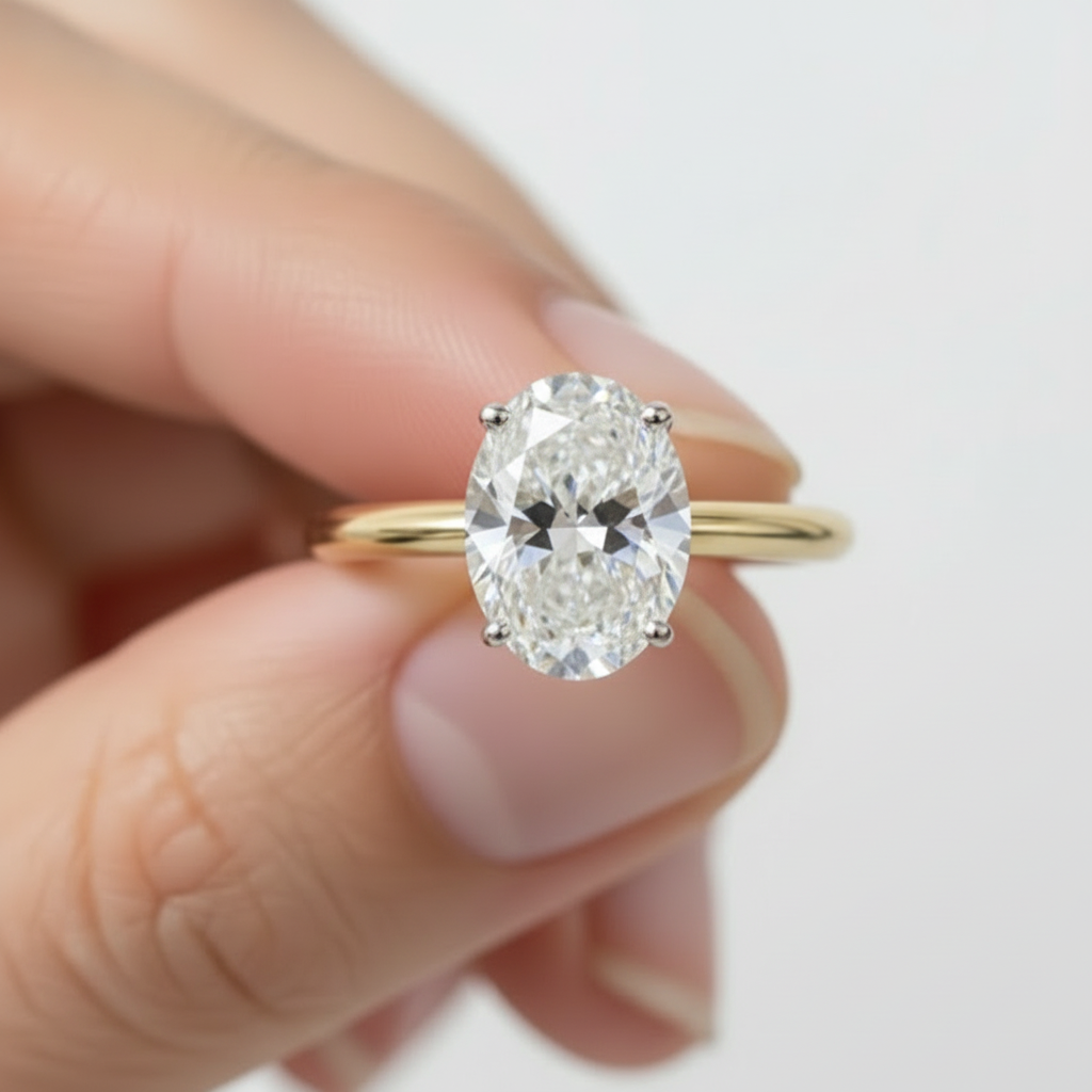 Two Tone Oval Cut 14K Solid Gold Solitaire Diamond Engagement Ring