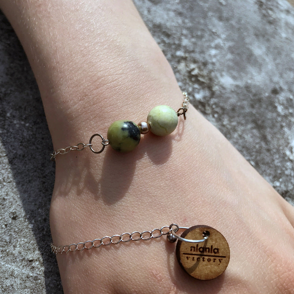 Yellow Turquoise with Swarovski Pearl Bracelet, Adjustable Sterling Silver Bracelet, Yellow Turquoise Bracelet | by nlanlaVictory