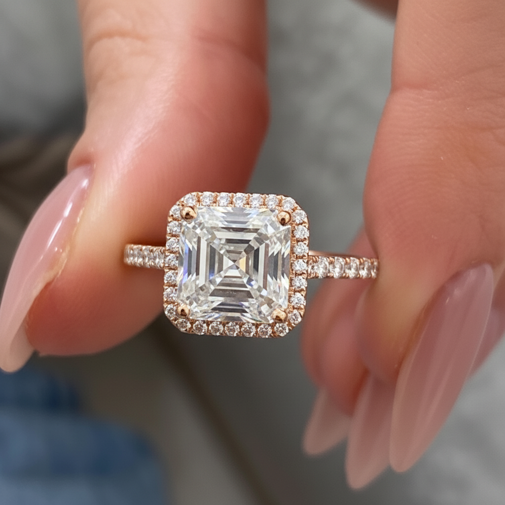 Unique Asscher Cut Diamond Single Halo 14K Solid Gold Engagement Ring