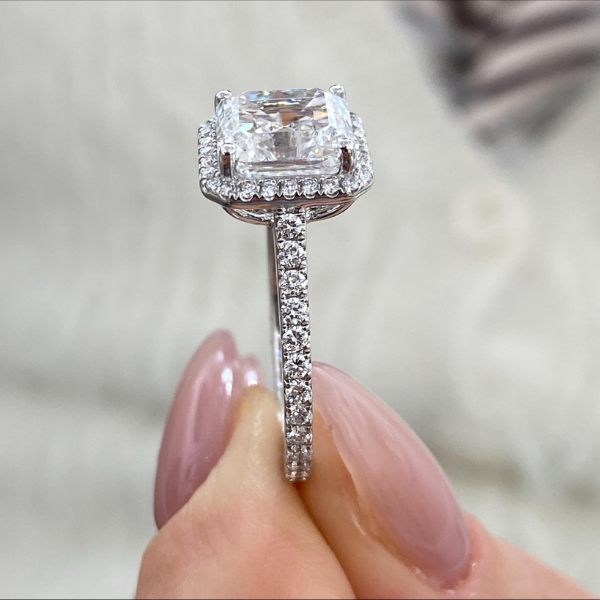 Unique Asscher Cut Diamond Single Halo 14K Solid Gold Engagement Ring
