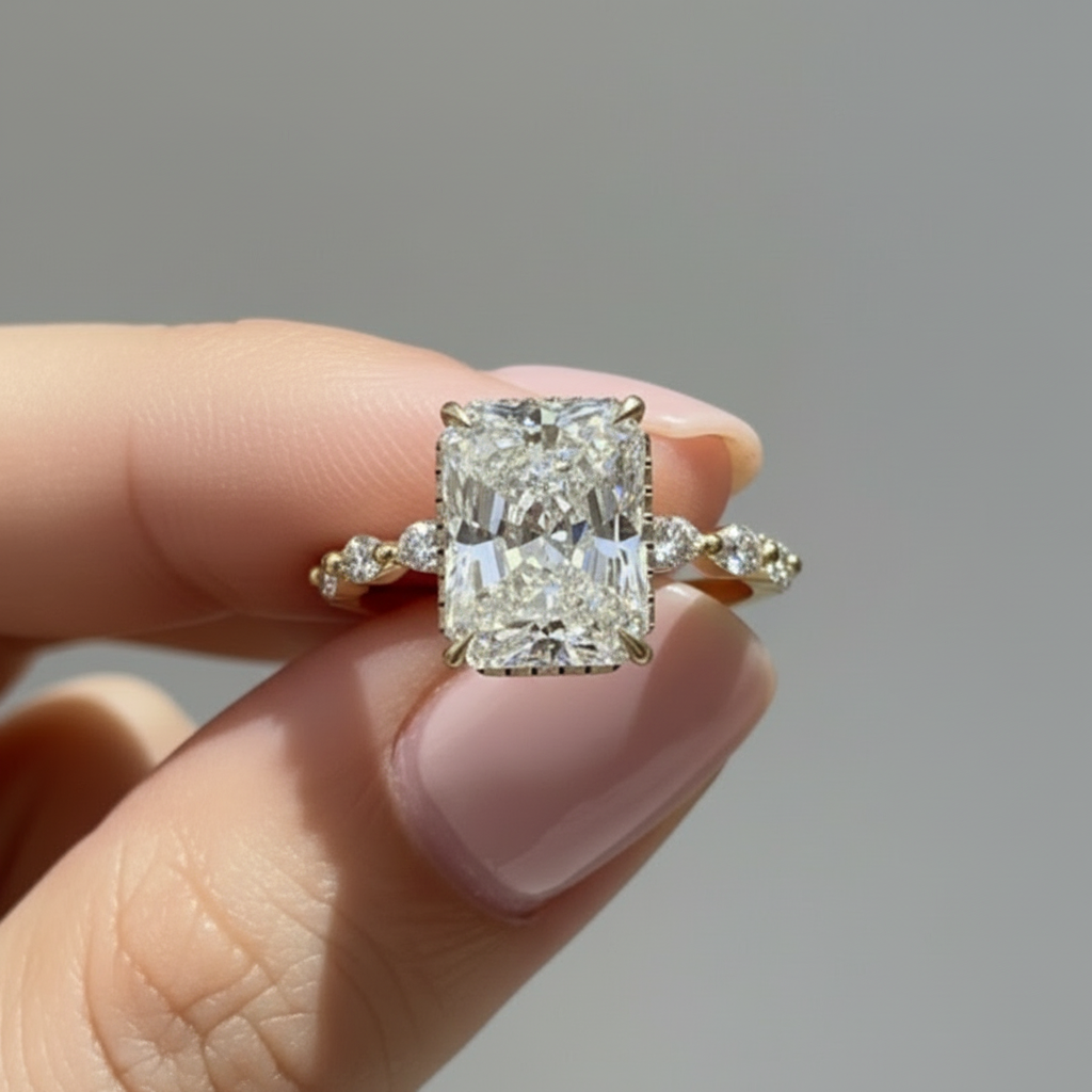 Elegant Radiant Cut Hidden Halo Marquies Band 14K Solid Gold Diamond Engagement Ring 2 to 4 Carat