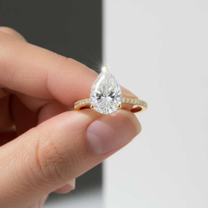 2 Carat Pear Shape Hidden Halo 14K Solid Gold Diamond Engagement Ring