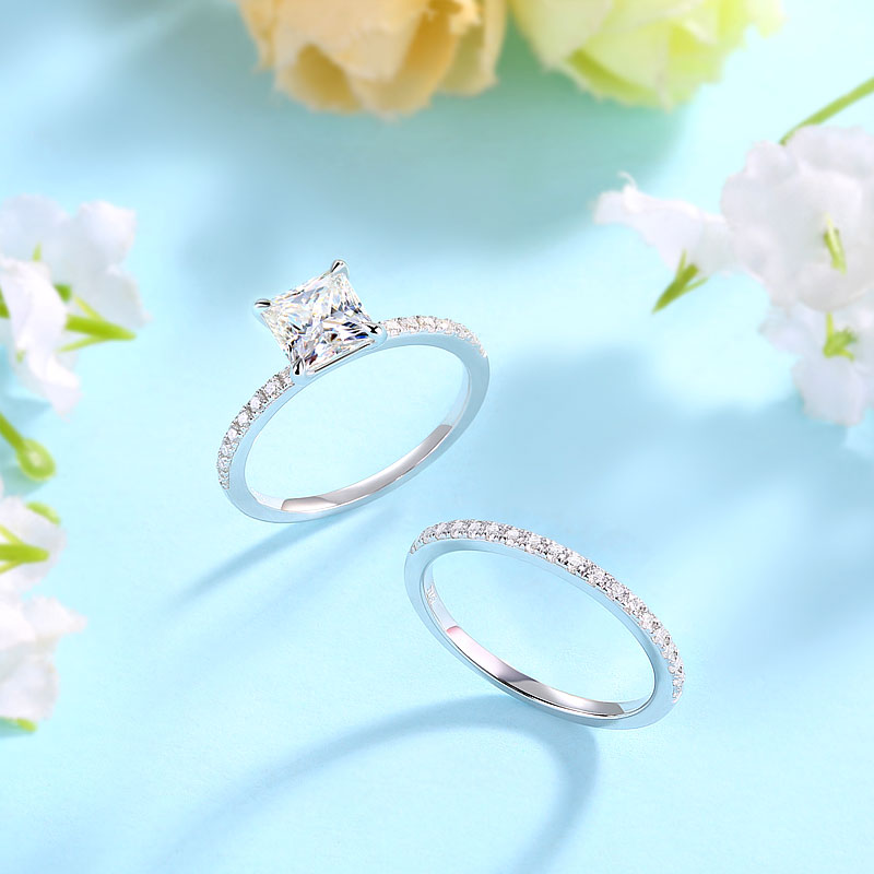 Princess Cut 1 Carat Moissanite Diamond  Ring Set (1 pcs / 2 pcs) 925 Sterling Silver MFR8365