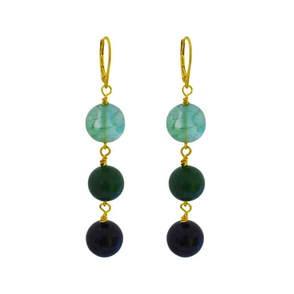 Green Quartz, Green Agate and Black Onyx Yellow Gold vermeil, 9k or 18k Gold Vermeil Earrings, Bloom Collection | by nlanlaVictory