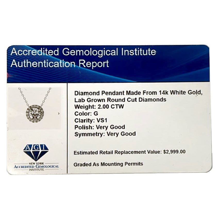 2 CTW Lab-Grown Diamond Halo Pendant Necklace in 14kt White Gold – AGI Certified-4