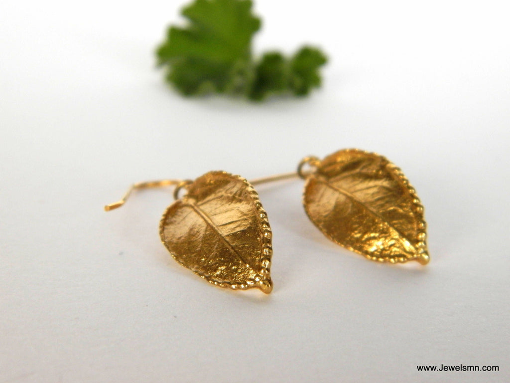 Gold Rose Earrings, Rose Leaf Solid Gold Jewelry, Dangle Earring, Gift for Her, Birthday Gift for Women, Handmade Jewelry, Statement Jewelry