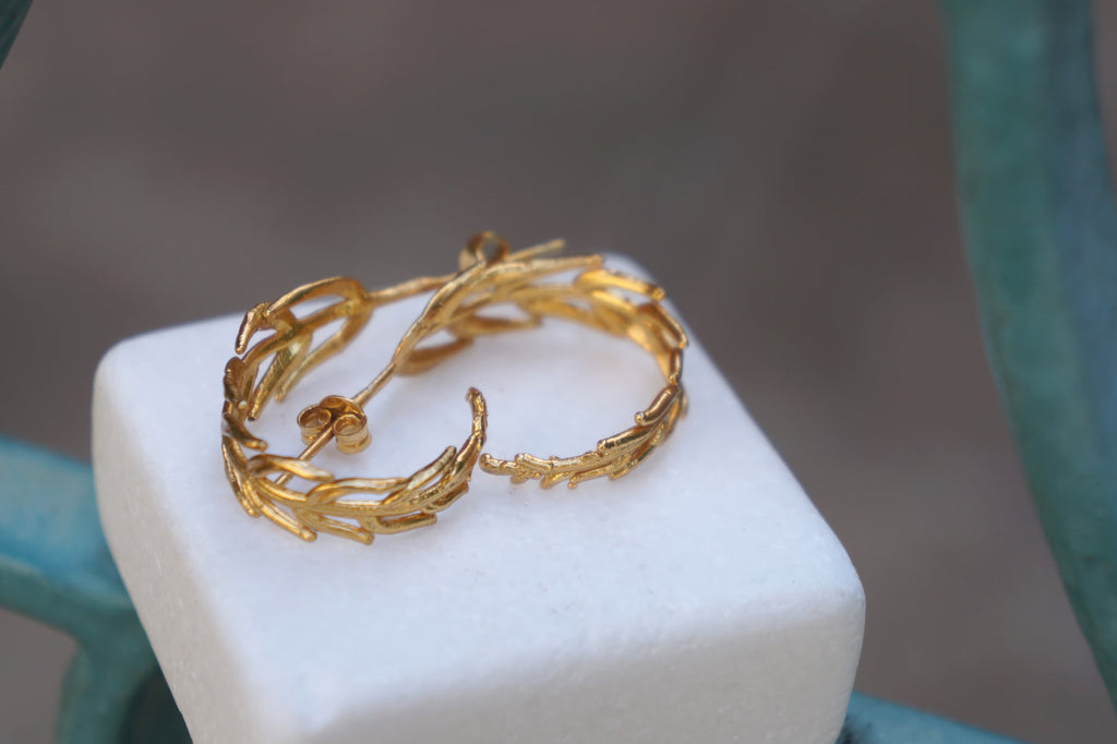 Nature-Inspired Solid Gold Hoop Earrings (9k, 14k, 18k Yellow, White, Rose)
