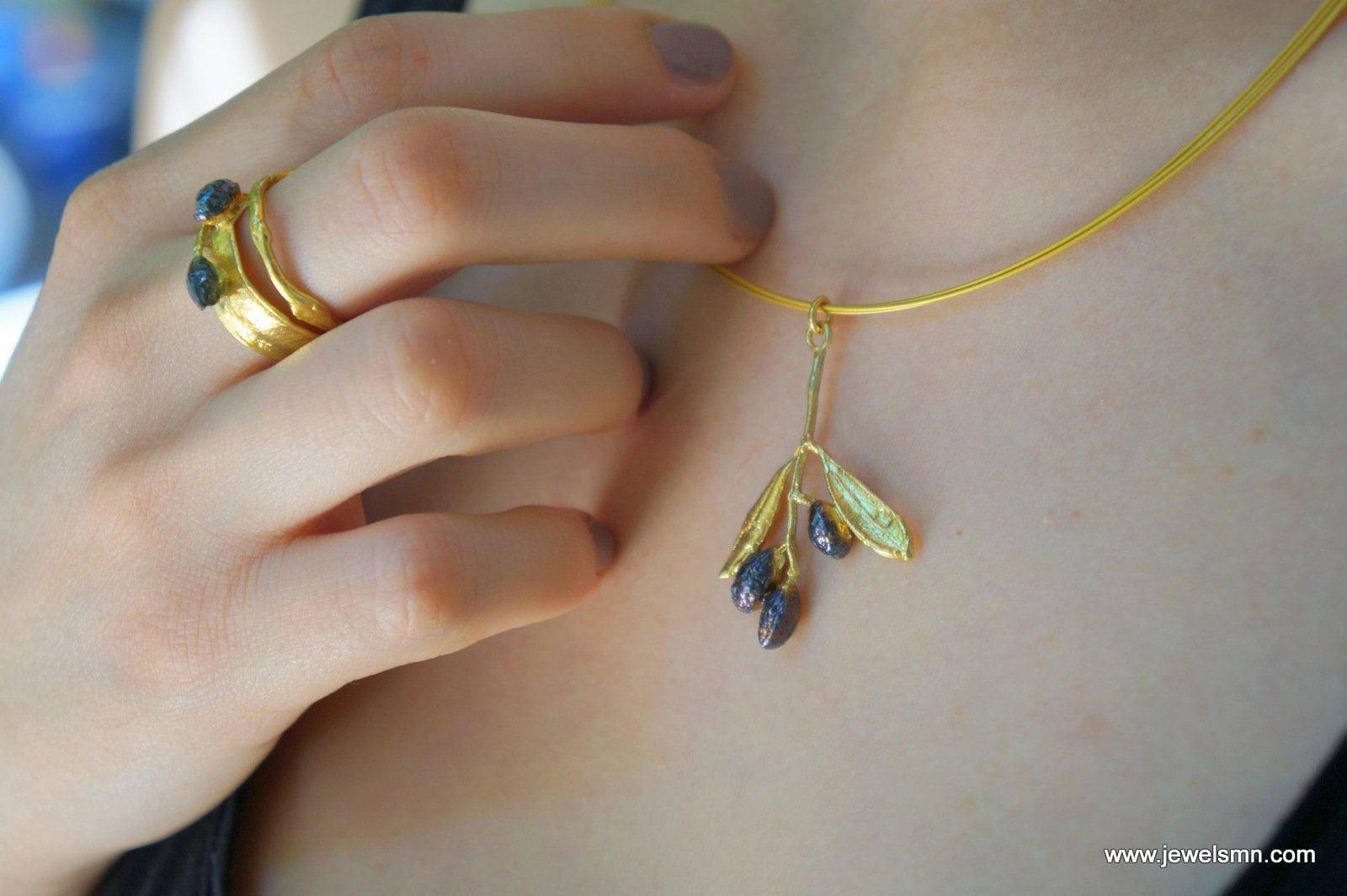 Solid Gold Olive Necklace: Black Rhodium Fruits, Real Flower Pendant