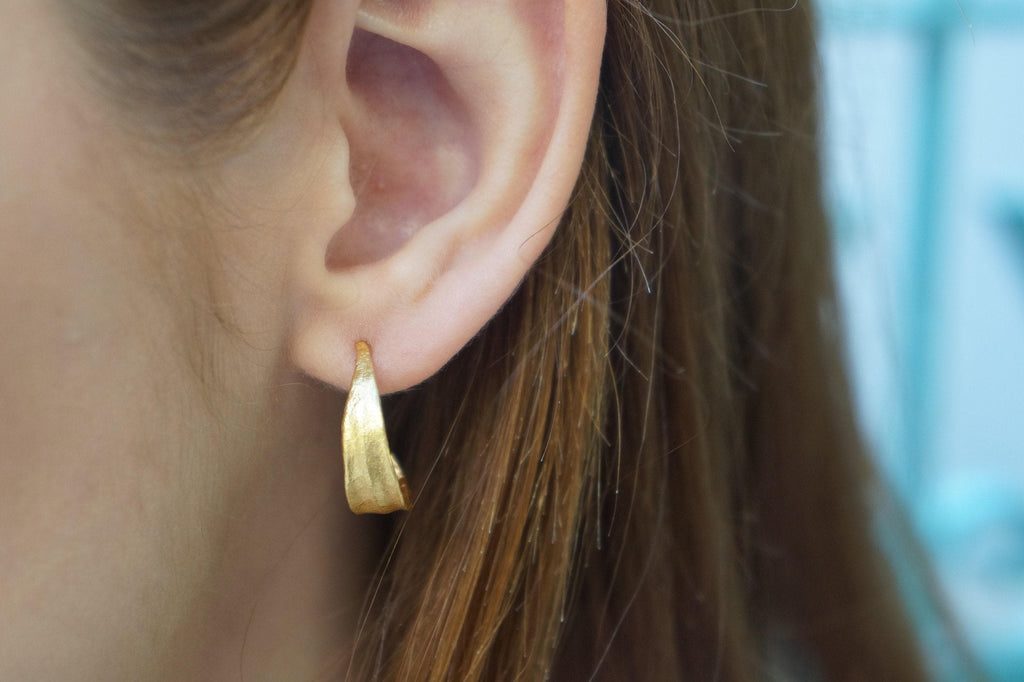 Solid Gold Hoop Earrings: Small Olive Leaf Design, Symbol of Peace