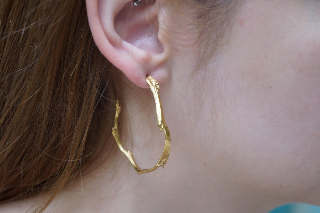 Nature Inspired Olive Branch Hoop Earrings (9k, 14k, 18k Gold)
