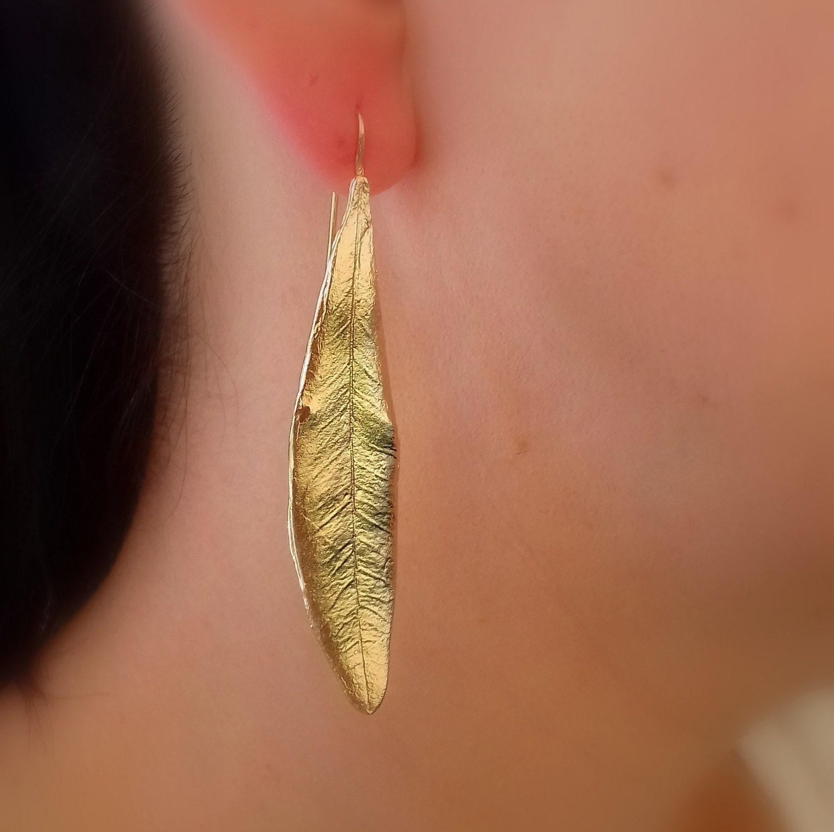 Gold Olive Leaf Earrings, Solid Gold Jewelry, Dangle Necklace, Gift for Her, Birthday Gift for Women, Handmade Jewelry, Nature Fashion