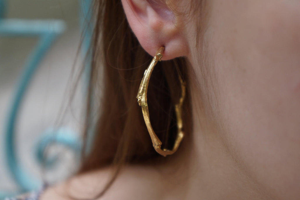 Nature Inspired Olive Branch Hoop Earrings (9k, 14k, 18k Gold)