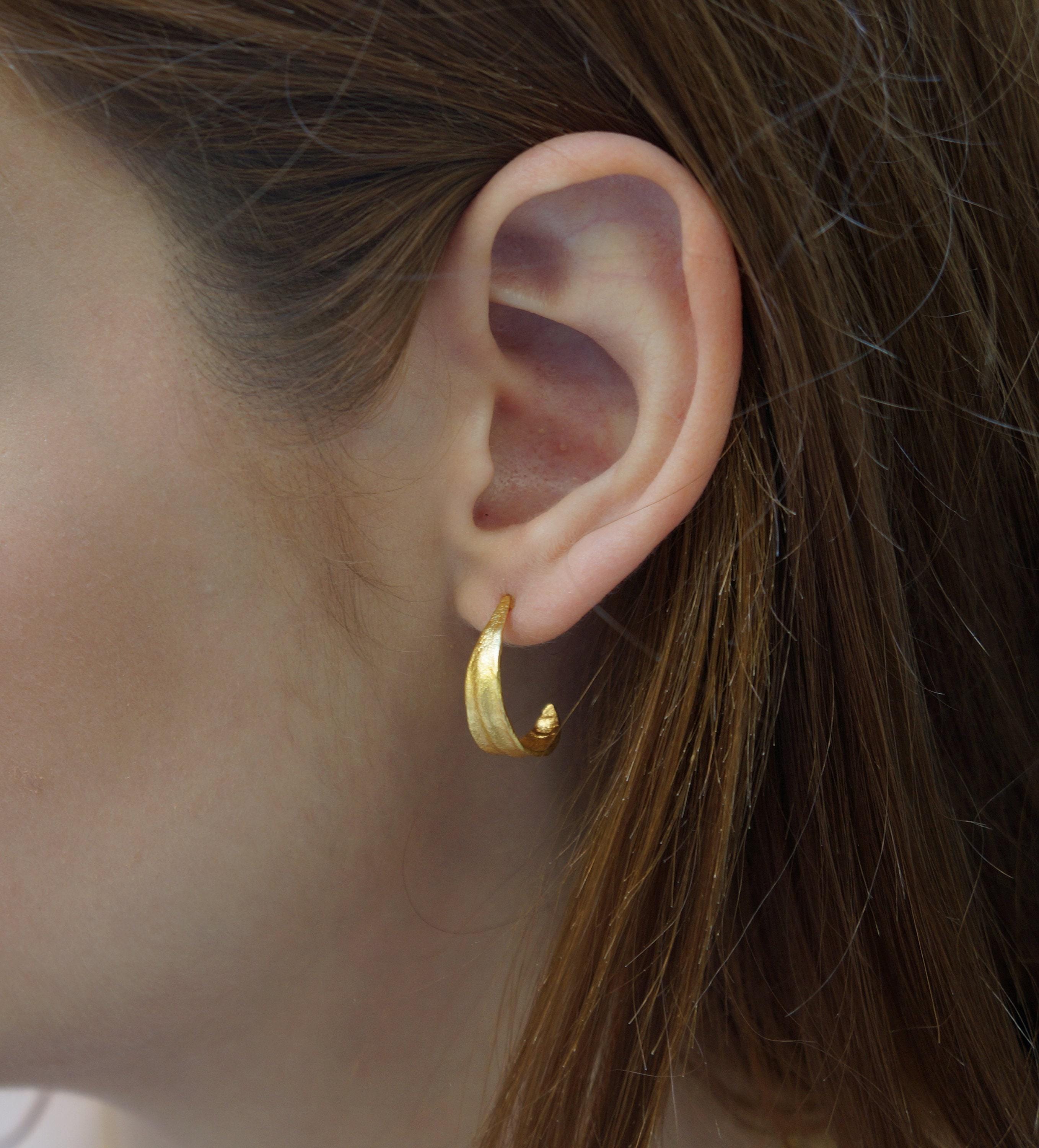 Solid Gold Hoop Earrings: Small Olive Leaf Design, Symbol of Peace