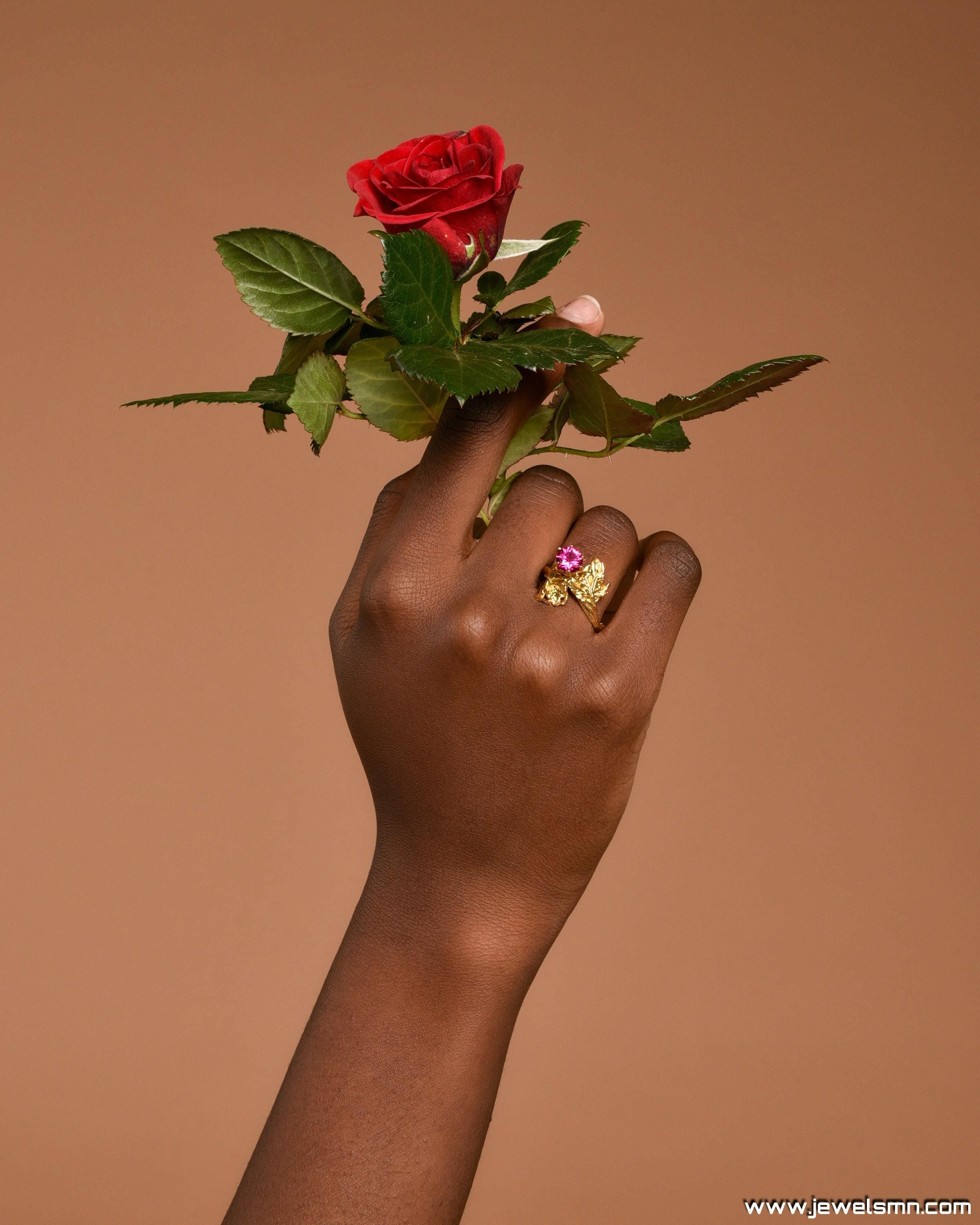 Jasmine Flower Ring: Solid Gold Statement Jewelry (Red or Clear Stone)