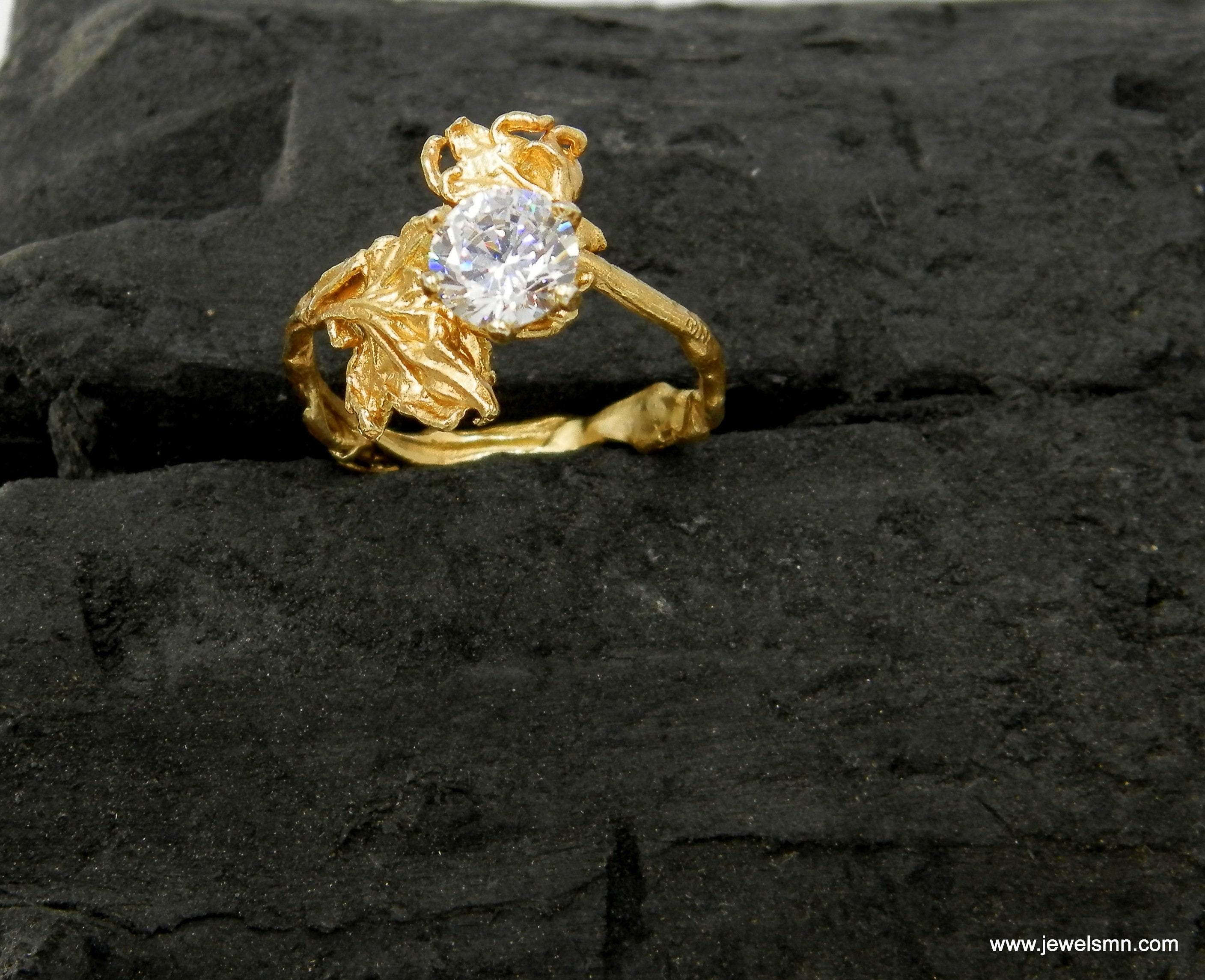 Jasmine Flower Ring: Solid Gold Statement Jewelry (Red or Clear Stone)