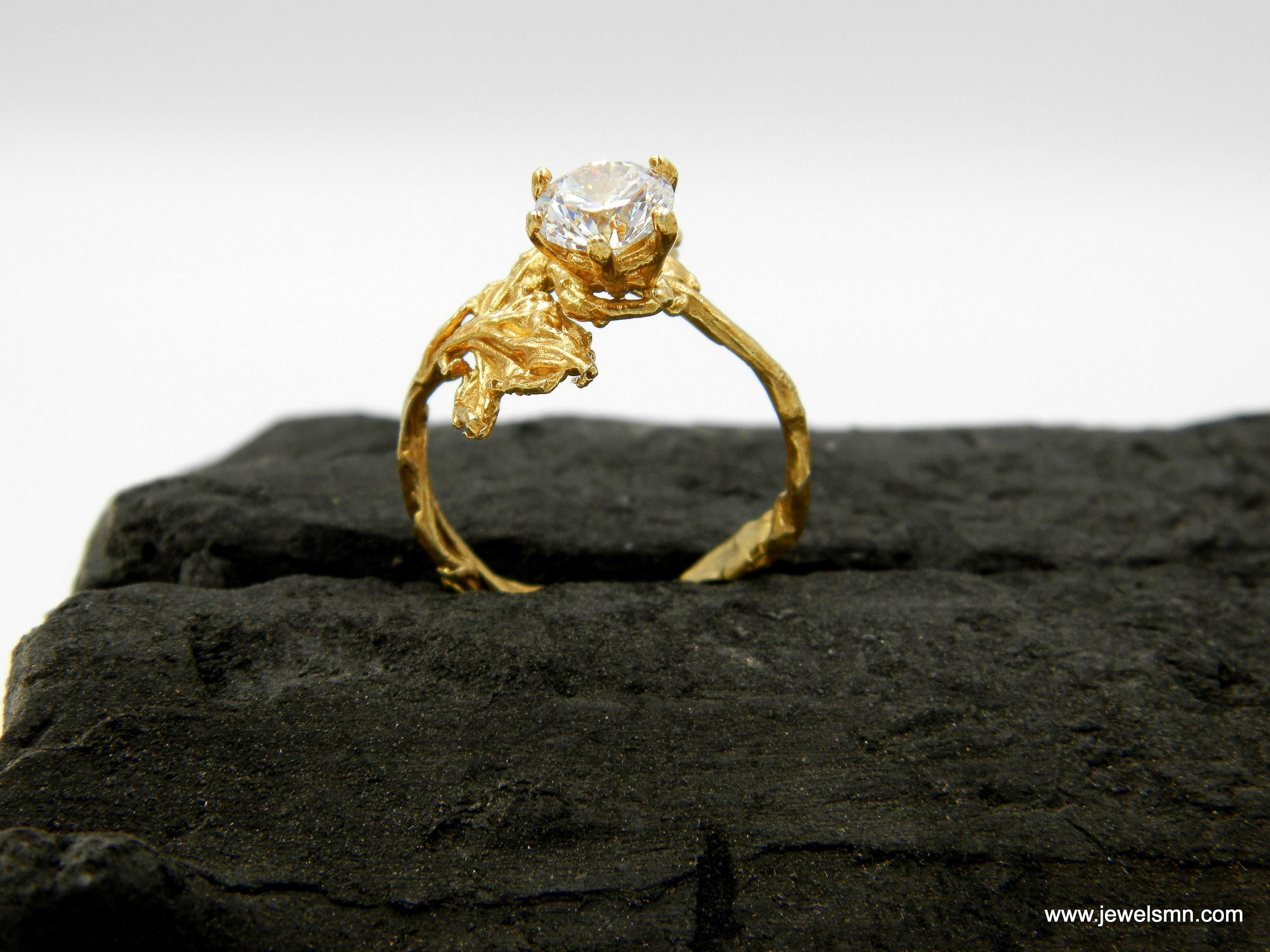 Jasmine Flower Ring: Solid Gold Statement Jewelry (Red or Clear Stone)