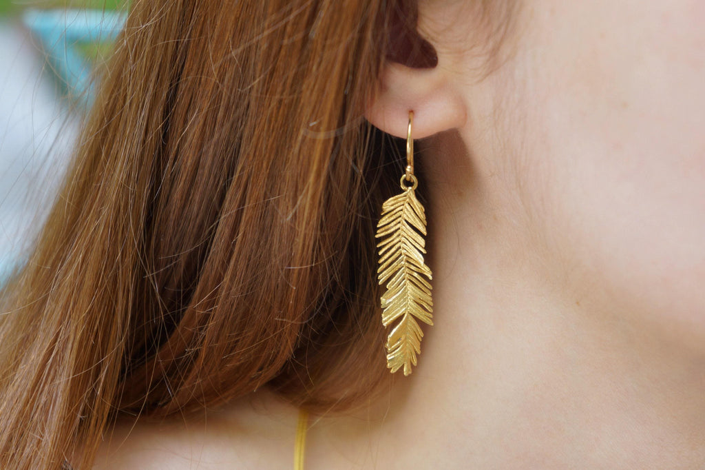 Gold Leaf Earrings, Solid Gold Jewelry, Gold Earrings, Acacia Leaf Earrings, Gift for Her, Birthday Gift for Women, Handmade Jewelry