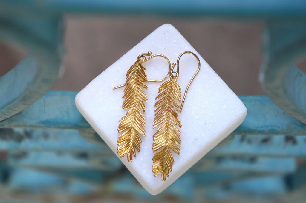 Gold Leaf Earrings, Solid Gold Jewelry, Gold Earrings, Acacia Leaf Earrings, Gift for Her, Birthday Gift for Women, Handmade Jewelry