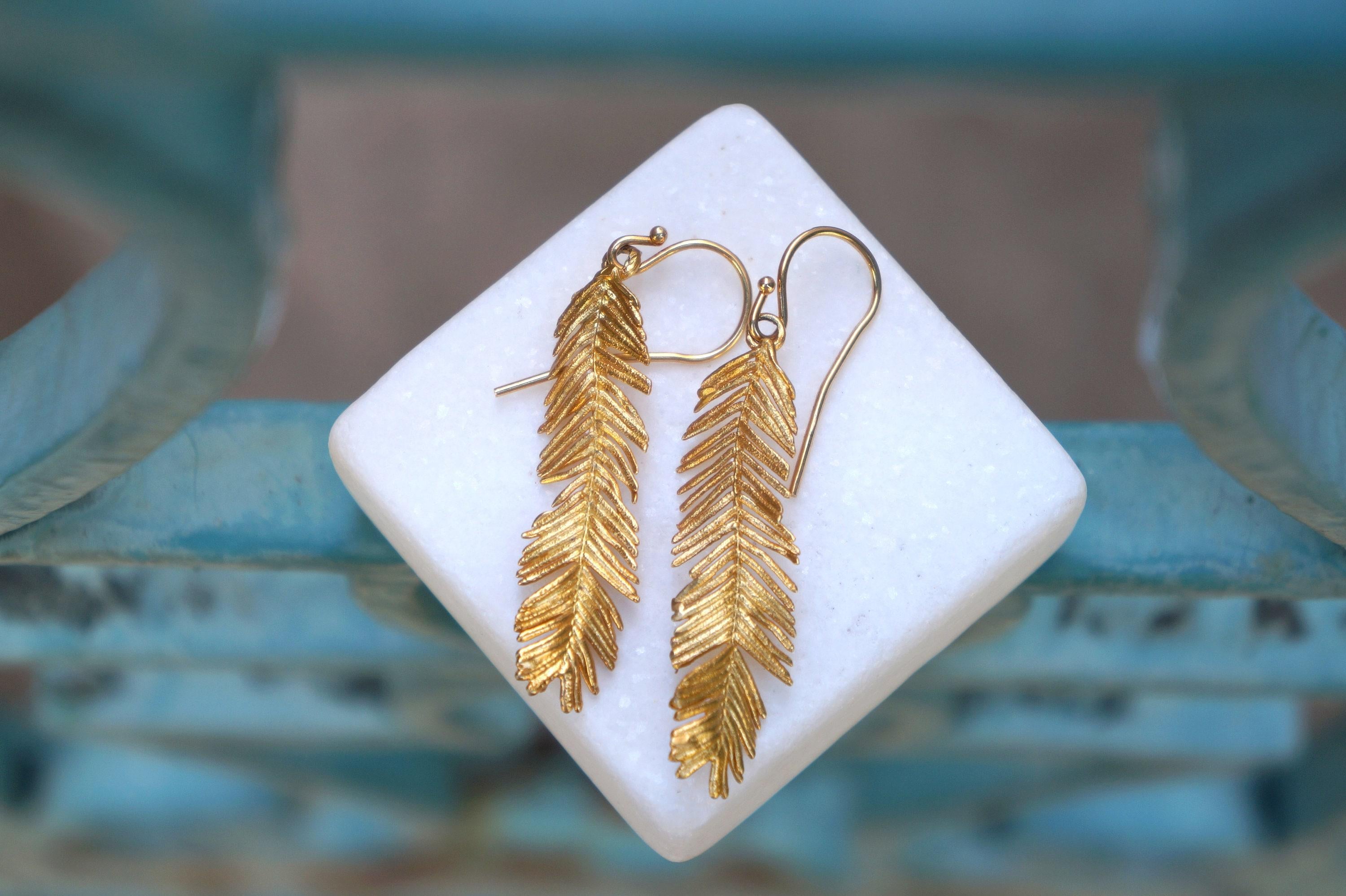 Gold Leaf Earrings, Solid Gold Jewelry, Gold Earrings, Acacia Leaf Earrings, Gift for Her, Birthday Gift for Women, Handmade Jewelry