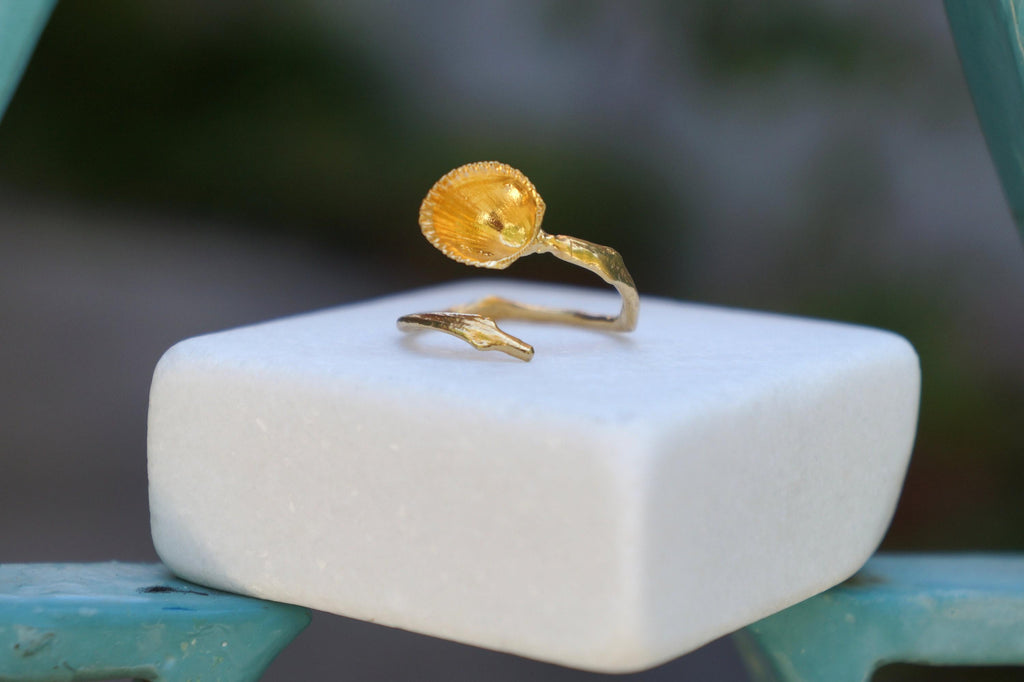 Solid Gold Ring: Real Sea Shell and Branch Design - Adjustable Fit
