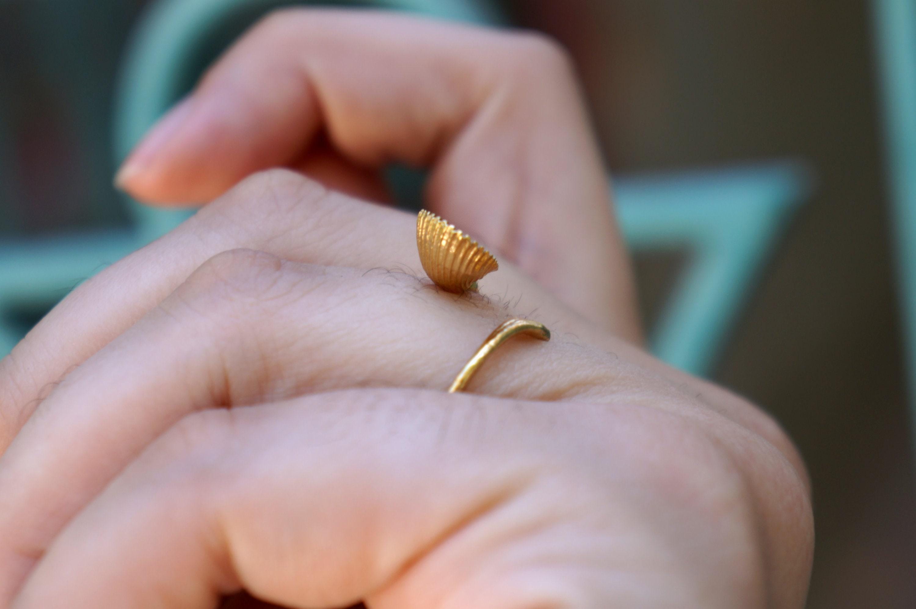 Solid Gold Ring: Real Sea Shell and Branch Design - Adjustable Fit
