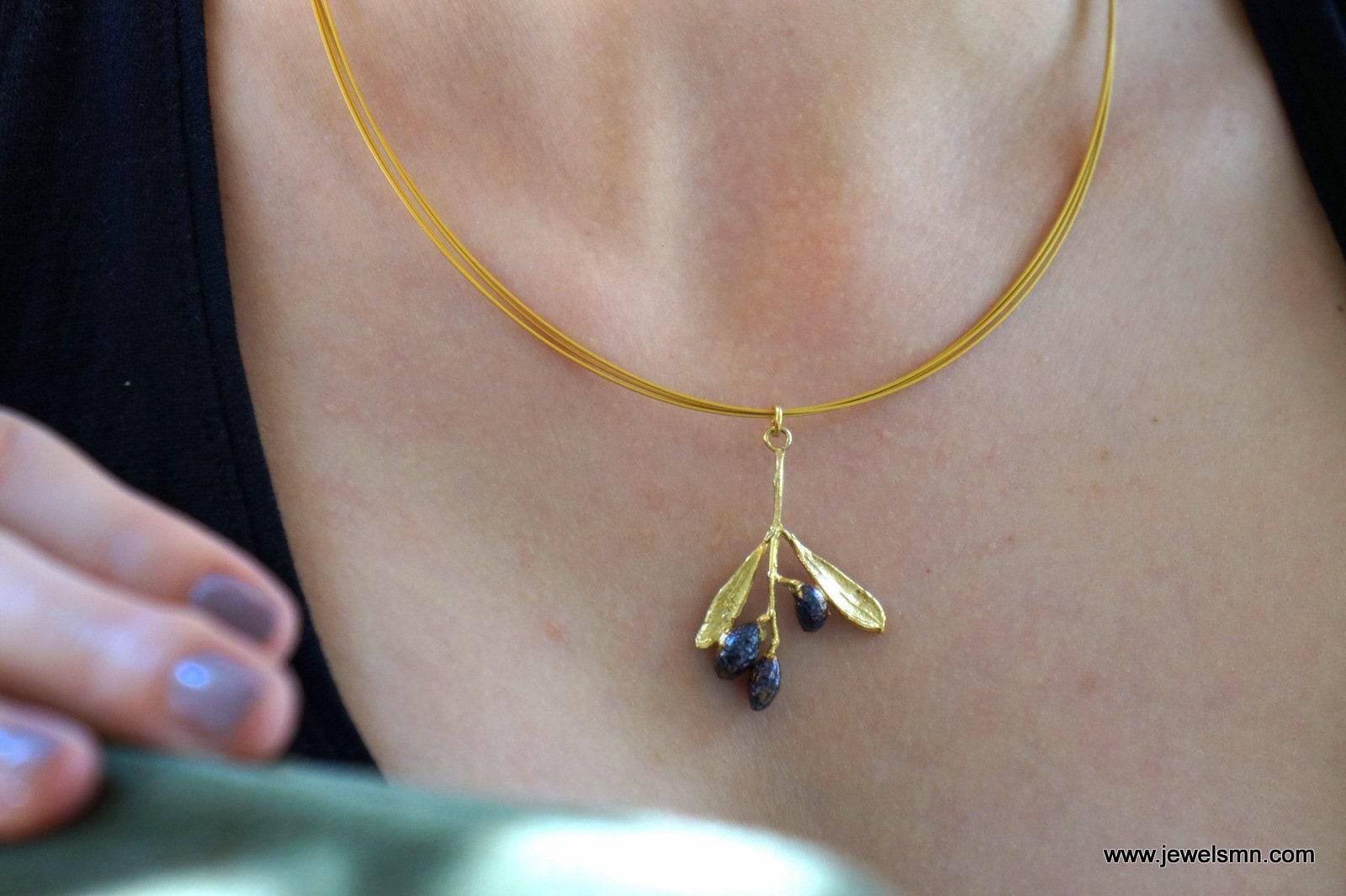 Solid Gold Olive Necklace: Black Rhodium Fruits, Real Flower Pendant