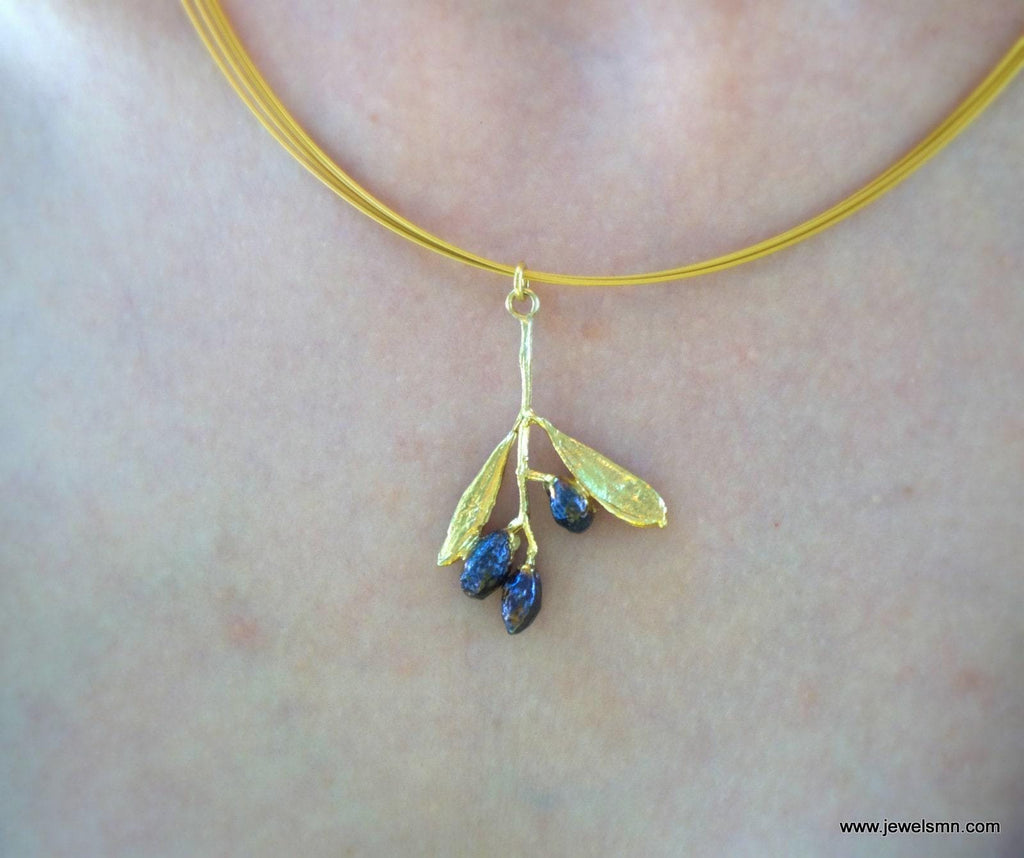 Solid Gold Olive Necklace: Black Rhodium Fruits, Real Flower Pendant