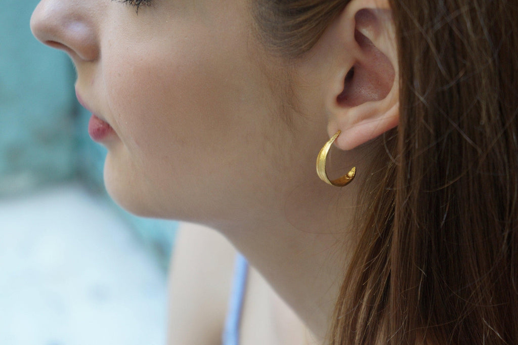 Solid Gold Hoop Earrings: Small Olive Leaf Design, Symbol of Peace
