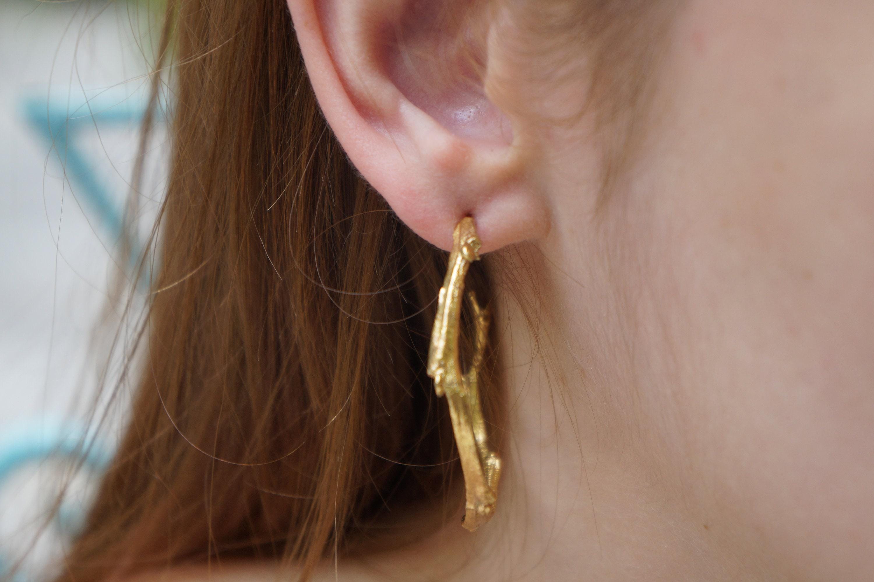 Nature Inspired Olive Branch Hoop Earrings (9k, 14k, 18k Gold)
