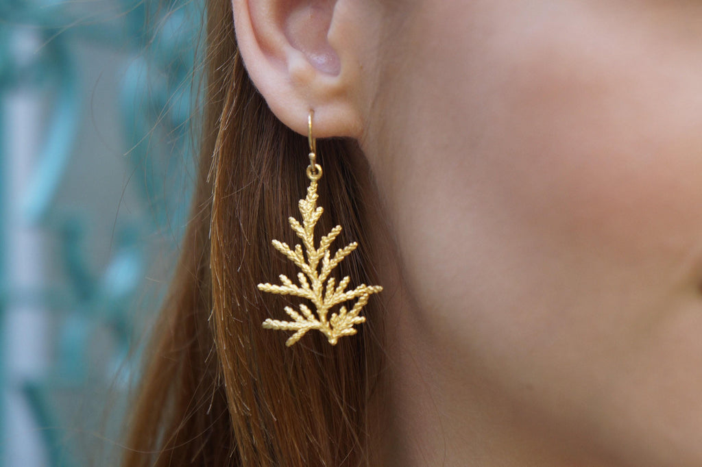 Cypress Leaf Earrings: Natural Gold Drop - Lightweight, Elegant