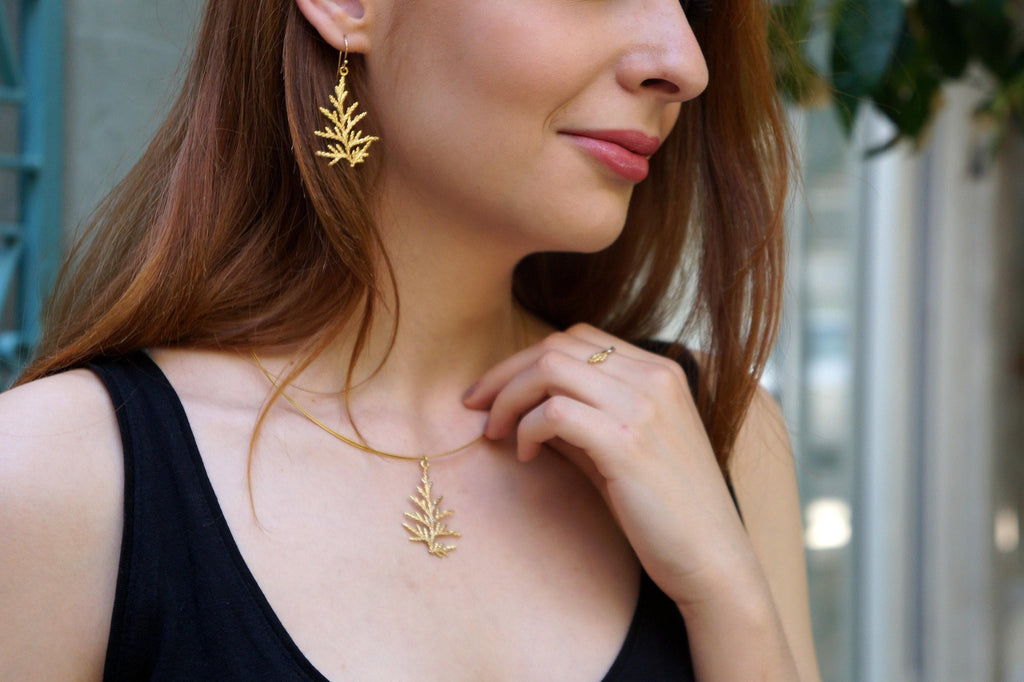 Cypress Leaf Earrings: Natural Gold Drop - Lightweight, Elegant