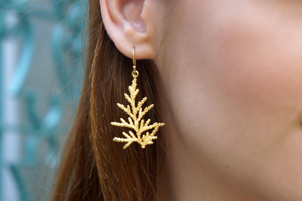 Cypress Leaf Earrings: Natural Gold Drop - Lightweight, Elegant