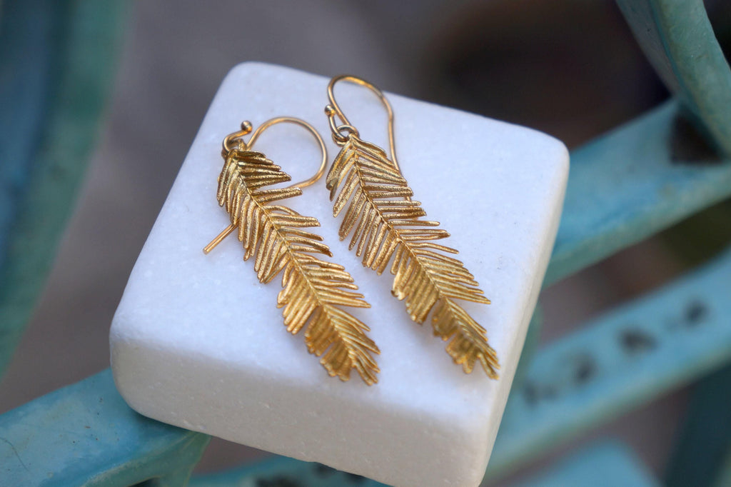 Gold Leaf Earrings, Solid Gold Jewelry, Gold Earrings, Acacia Leaf Earrings, Gift for Her, Birthday Gift for Women, Handmade Jewelry