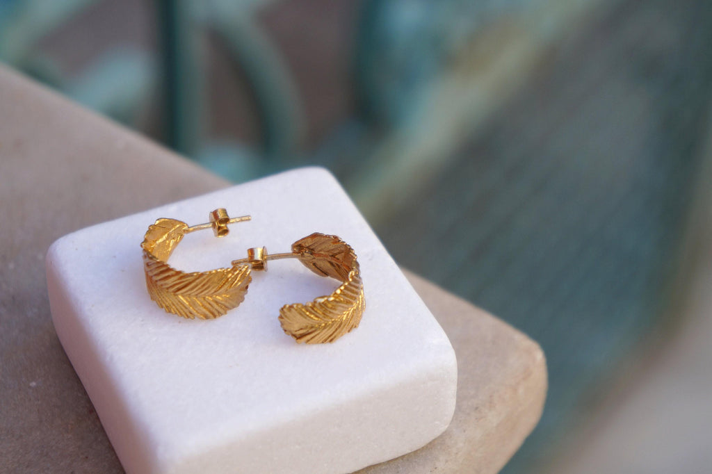 Solid Gold Acacia Leaf Hoop Earrings - Nature Inspired Jewelry