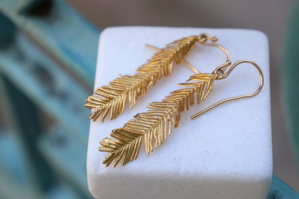 Gold Leaf Earrings, Solid Gold Jewelry, Gold Earrings, Acacia Leaf Earrings, Gift for Her, Birthday Gift for Women, Handmade Jewelry