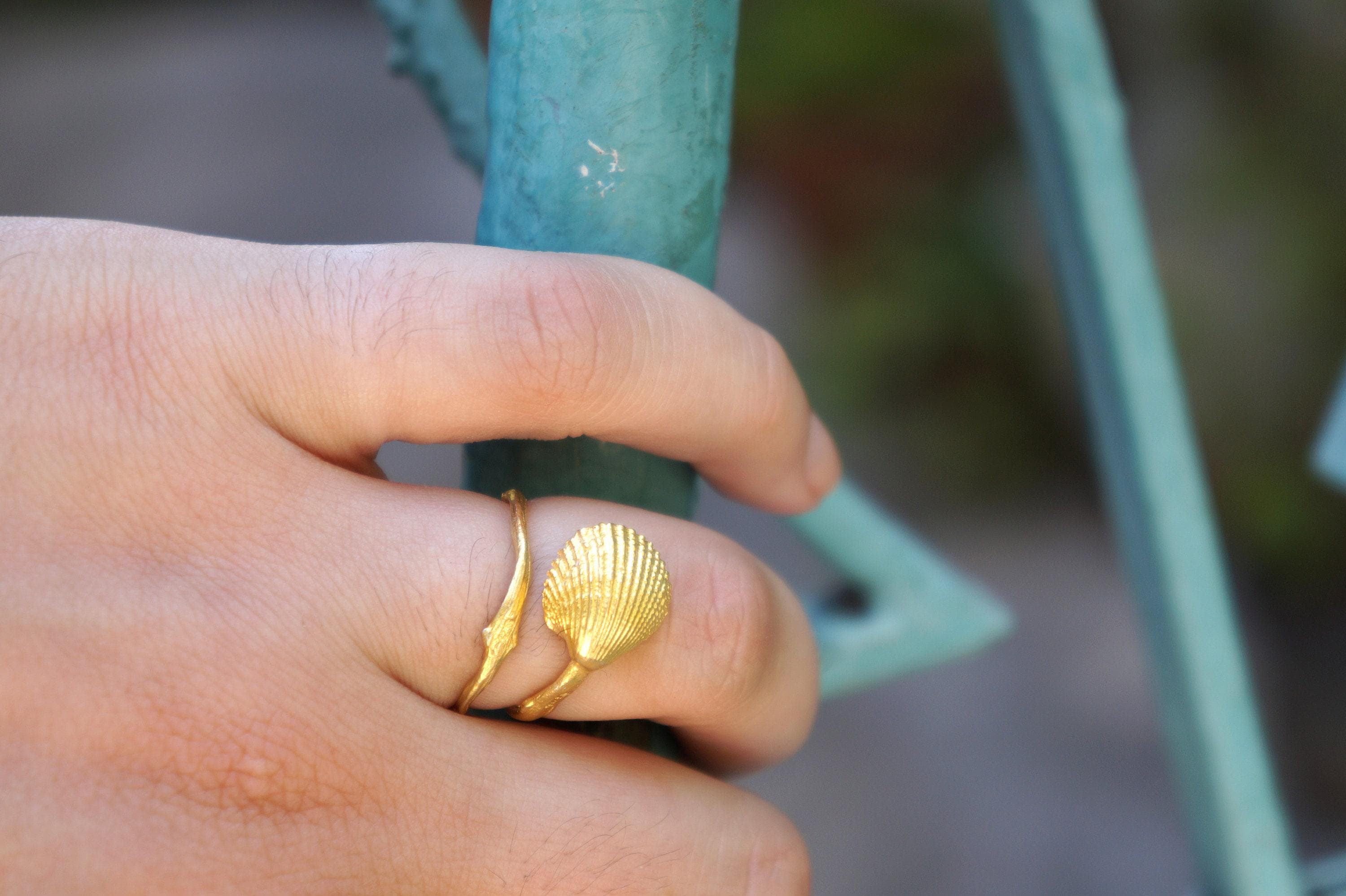 Solid Gold Nature Ring: Sea Shell and Twig Design (9K-18K)