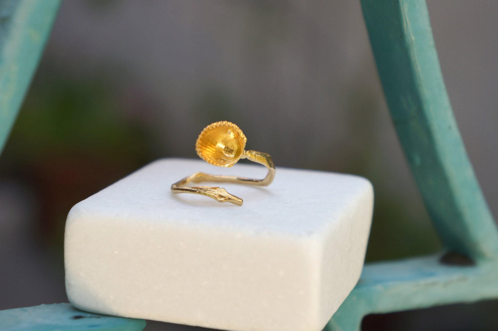 Solid Gold Ring: Real Sea Shell and Branch Design - Adjustable Fit